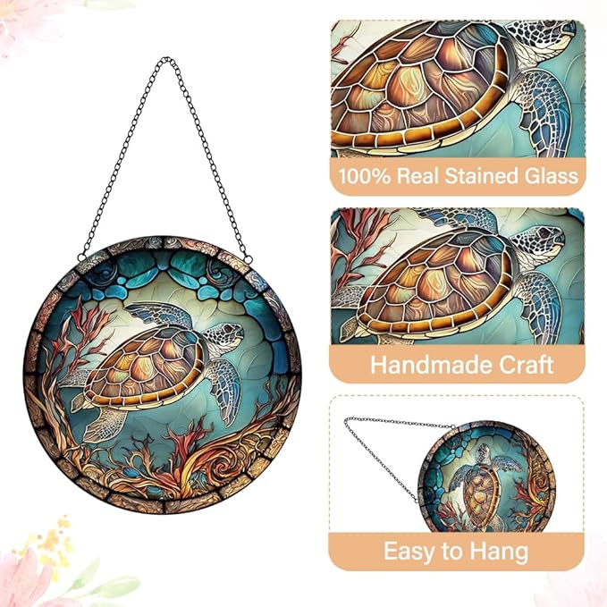 Sea Turtle Decor Suncatcher Stained Glass Window Hanging - Handmade Suncatchers for Windows Hanging - Sea Art Sun Catchers Indoor Outdoor Garden Ornament - Mothers Day Birthday Gifts for Mom Grandma
