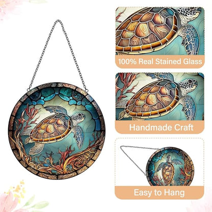 Sea Turtle Decor Suncatcher Stained Glass Window Hanging - Handmade Suncatchers for Windows Hanging - Sea Art Sun Catchers Indoor Outdoor Garden Ornament - Mothers Day Birthday Gifts for Mom Grandma