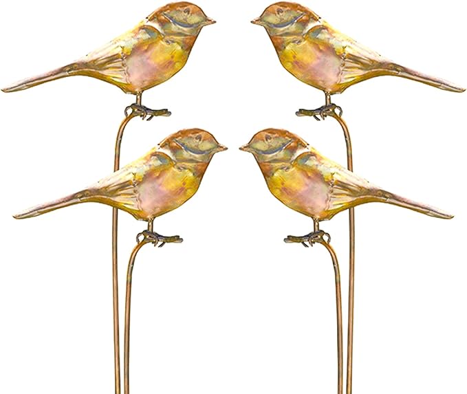 Ancient Graffiti Staked Bird Garden Ornaments, Set of 4 Flamed Copper Colored Metal Garden Stakes with Bird Figures, Outdoor Yard Art Décor with Step-in Bases