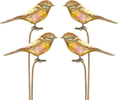 Ancient Graffiti Staked Bird Garden Ornaments, Set of 4 Flamed Copper Colored Metal Garden Stakes with Bird Figures, Outdoor Yard Art Décor with Step-in Bases