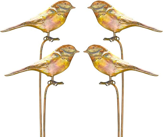 Ancient Graffiti Staked Bird Garden Ornaments, Set of 4 Flamed Copper Colored Metal Garden Stakes with Bird Figures, Outdoor Yard Art Décor with Step-in Bases