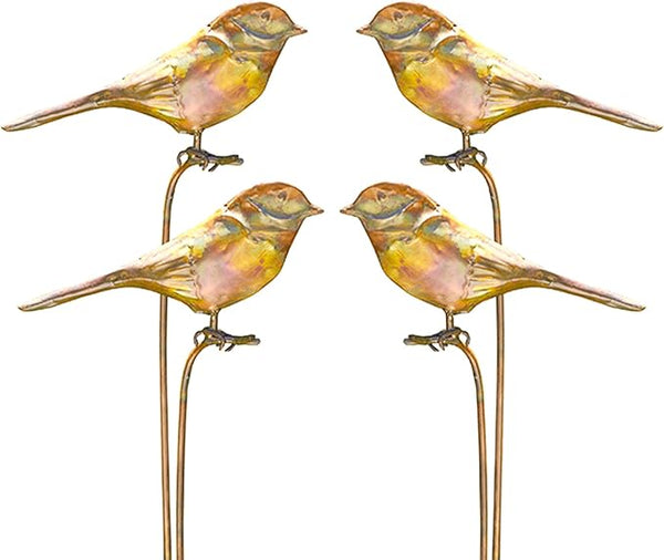 Ancient Graffiti Staked Bird Garden Ornaments, Set of 4 Flamed Copper Colored Metal Garden Stakes with Bird Figures, Outdoor Yard Art Décor with Step-in Bases