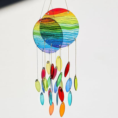 YU FENG Rainbow Stripe Disc Glass Wind Chime – Vibrant Colorful Hanging Decor for Indoor Spaces & Windows
