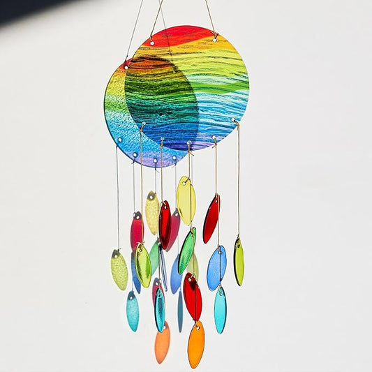 YU FENG Rainbow Stripe Disc Glass Wind Chime – Vibrant Colorful Hanging Decor for Indoor Spaces & Windows