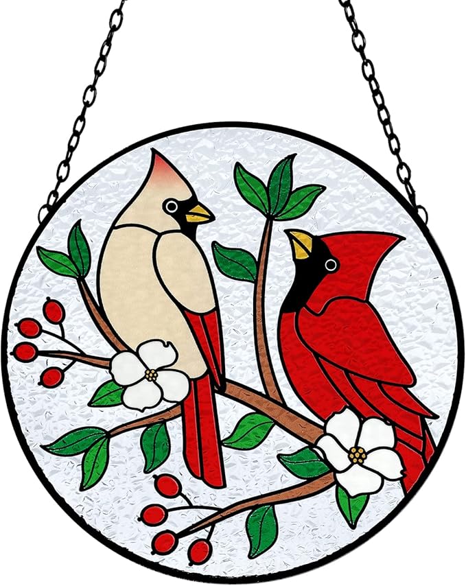 Tuitessine Cardinal Stained Glass Suncatcher - Red Bird Sun Catcher - Hand-Painted Glass Panel - Decor for Window - Christmas & Birthday Gift for Grandma & Birds Lover - 6.3x6.3