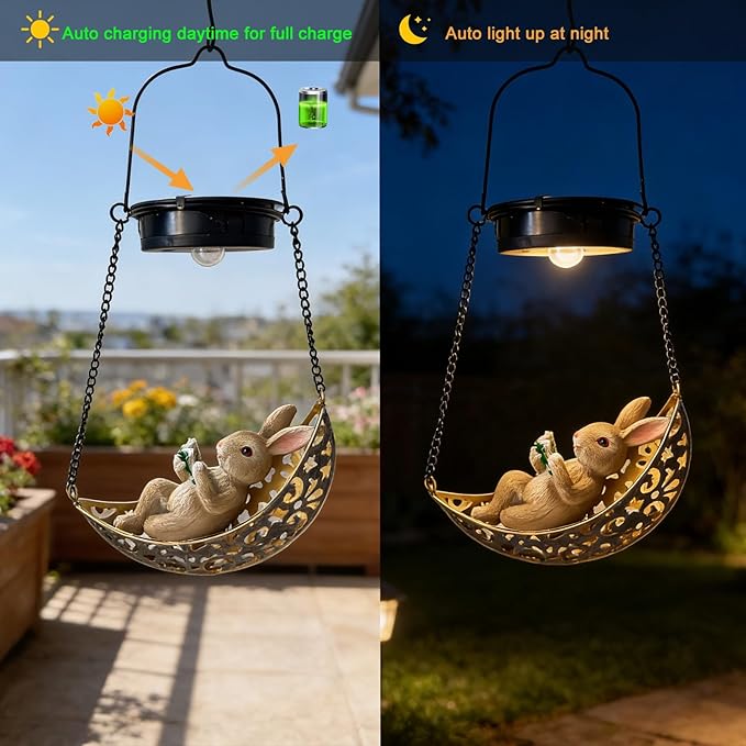 Solar Hanging Garden Lantern with Bunny Decoration,Solar Hanging Statue Light,Outdoor Hanging Decorations for Garden, Fence, Porch, Patio, Yard Decor
