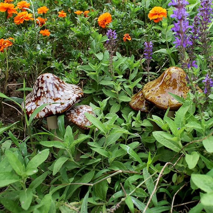 Ceramic Mushroom Outdoor Decor-2pcs Mushroom Statue Decor for Garden, Lawn, Fairy Garden Stakes 8.27'' in Height