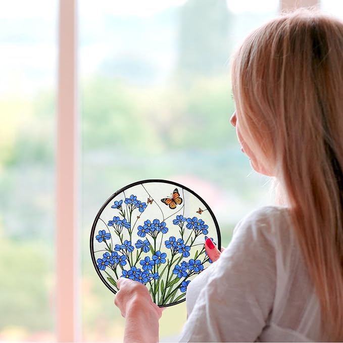 Forget-Me-Not Hand Stained Glass Window Hanging Floral Sun Catcher Decor Flower Lover Gifts for Women Christmas Suncatchers for Home Windows Hanging Decoration, 7.87inch