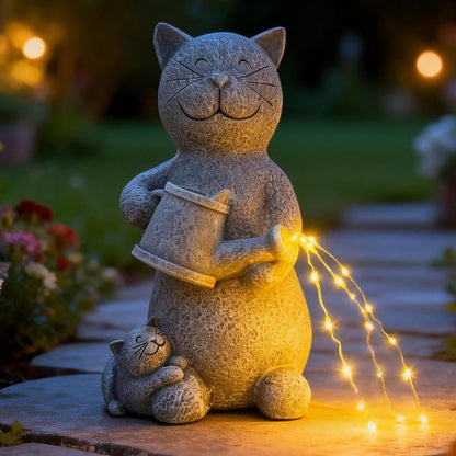 Solar Watering Cat Garden Statues Decor Waterproof Figurine Resin Sculpture Gift for Mom Grandma, Outdoor Decorations for Porch Patio Lawn Yard Home House Gardening Birthday Housewarming (Cat)