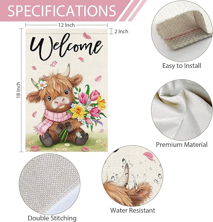 Heyfibro Welcome Spring Summer Highland Cow Garden Flag 12x18 Double Sided Burlap, Flower Bouquet Butterfly Yard Banner for Holiday Farmhouse Yard Outdoor Decor(ONLY FLAG)