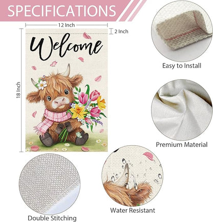 Heyfibro Welcome Spring Summer Highland Cow Garden Flag 12x18 Double Sided Burlap, Flower Bouquet Butterfly Yard Banner for Holiday Farmhouse Yard Outdoor Decor(ONLY FLAG)