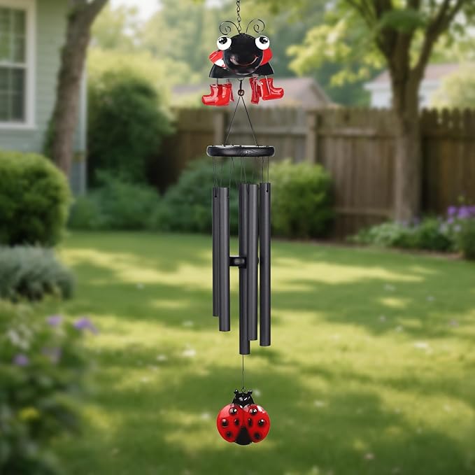 Ladybug Wind Chimes for Outside Metal Cute Beetle with Spinning Feet, Black Aluminum Tubes, Garden Yard Hanging Decor Wind Chimes, for Women, Men, Kids and Nature Lovers