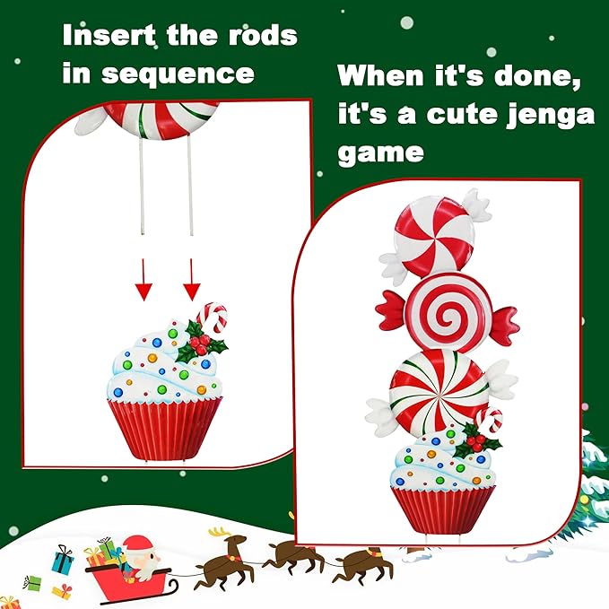 3 Pack Metal Christmas Yard Signs Decor for Multiple Stacked,Voumsil Christmas Yard Stakes with Candy Fall Yard Decor for Outside Garden Yard Lawn Porch