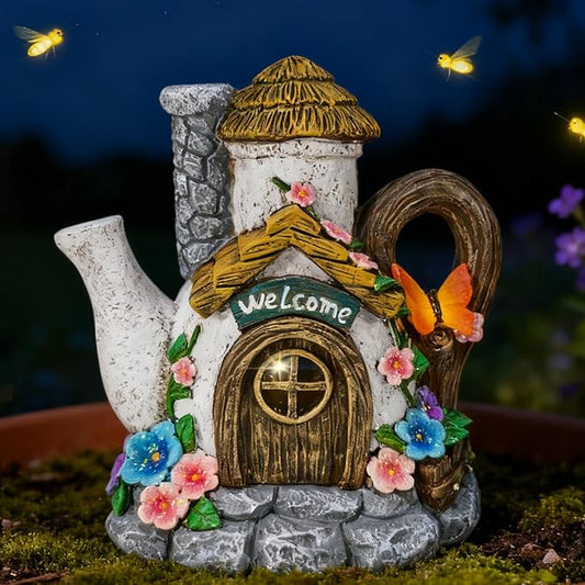 Suyorpe Fairy Garden Houses Solar Decor - Garden Statues Teapot House for Patio, Yard, Balcony Decoration, Outdoor Decor Yard Gifts for Mom Women
