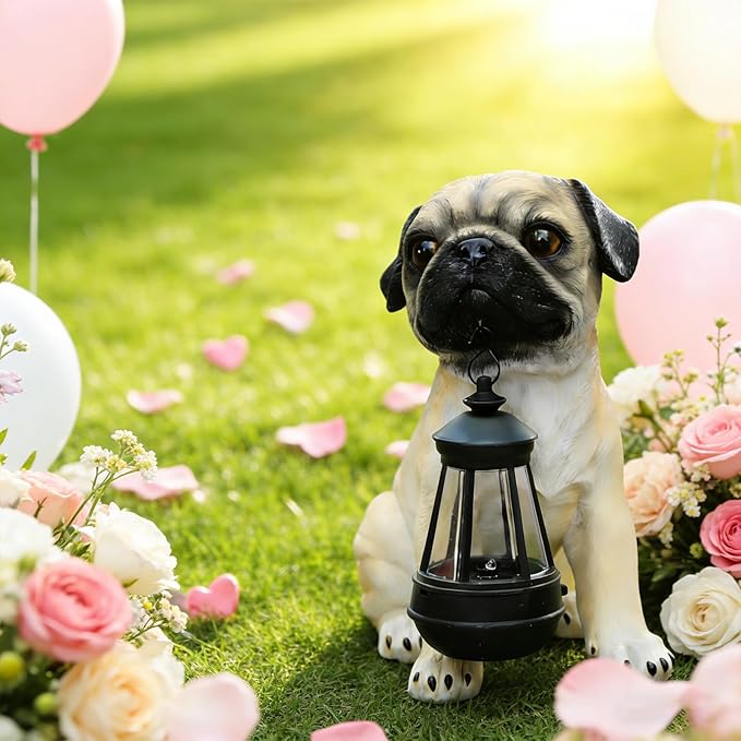 Garden Dog Statues Outdoor Decor, Solar Lights Outdoor Pug Figurines Solar Dog Ornaments for Patio, Lawn, Yard Art Decoration, Housewarming Garden Gift