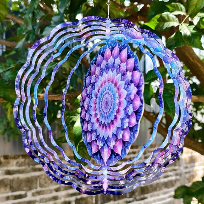 Mandala Flower Wind Chimes 10 x 10 Inch Hanging Garden Decor with Layered Petal and Luminous Pattern Design Aluminum Outdoor Yard Art for Patio Balcony Tree Porch Decoration Gift