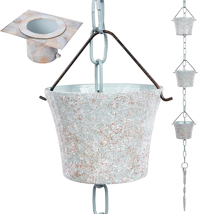 Rain Chain for Gutters with Adapter,Wrought Iron Rain Chains Set 8.5 Ft,Not Rust, Gotta Drain with Metals Anchoring Stake, 14 Cups, 1 Hook, Adjustable Gutter Downspout for Outdoor(Cyan)