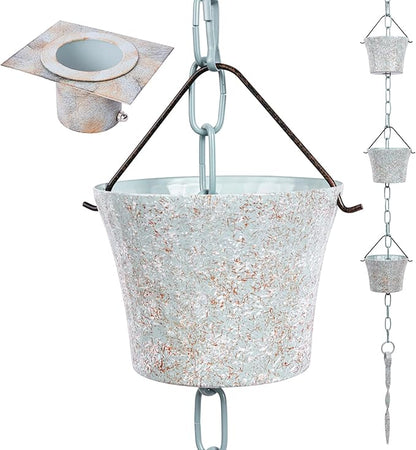 Rain Chain for Gutters with Adapter,Wrought Iron Rain Chains Set 8.5 Ft,Not Rust, Gotta Drain with Metals Anchoring Stake, 14 Cups, 1 Hook, Adjustable Gutter Downspout for Outdoor(Cyan)