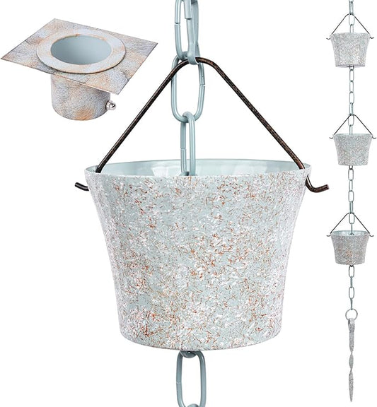 Rain Chain for Gutters with Adapter,Wrought Iron Rain Chains Set 8.5 Ft,Not Rust, Gotta Drain with Metals Anchoring Stake, 14 Cups, 1 Hook, Adjustable Gutter Downspout for Outdoor(Cyan)