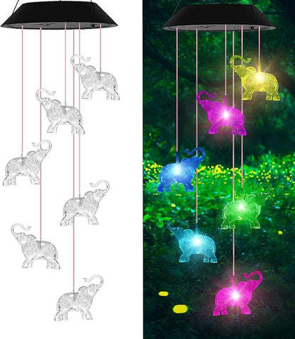 Elephant Solar Wind Chimes for Outside, Birthday Gifts for Mom Grandma, Waterproof LED Solar Powered Memorial Wind Chimes with 7 Color Changing for Garden Outdoor Yard Lawn Decor