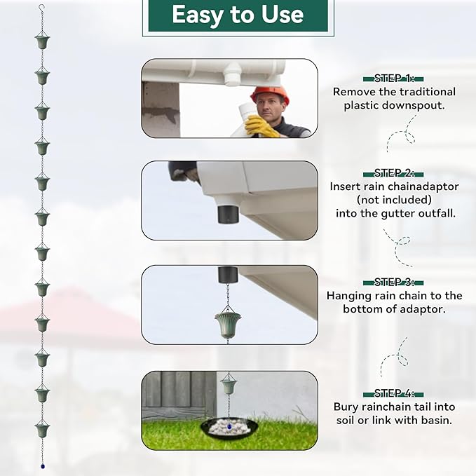 Rain Chains for Outside, 8.7FT Gutter Chain with 12 Bell Cups Rain Catcher Chain Replacement Downspout for Gutters Eaves Drainage Decor, Bronze