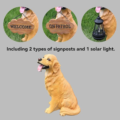 Adorable Golden Retriever Dog Sculpture with Solar-Powered Lantern & Charming 'On Patrol' & 'Welcome' Signposts - Outdoor Resin Statue for Garden, Patio, Yard Decor