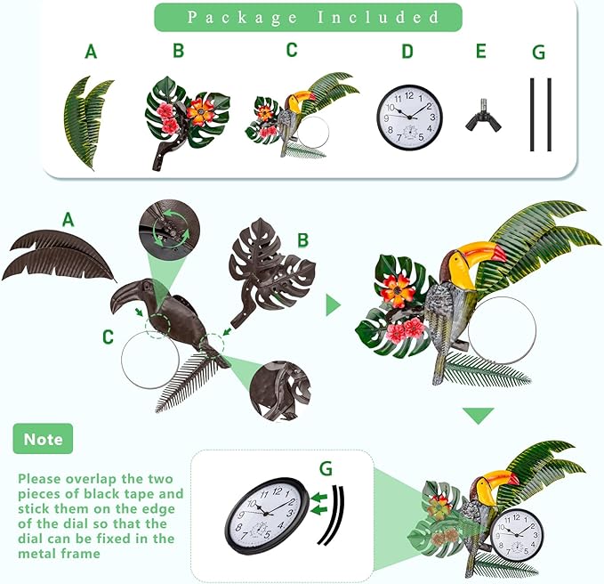 Toucan Outdoor Clock Silent Non-Ticking, Indoor Outdoor Clock and Thermometer Combo, Outside Wall Clock Metal Wall Art Decor for Patio, Garden, Home Decor