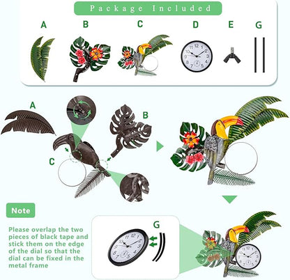 Toucan Outdoor Clock Silent Non-Ticking, Indoor Outdoor Clock and Thermometer Combo, Outside Wall Clock Metal Wall Art Decor for Patio, Garden, Home Decor