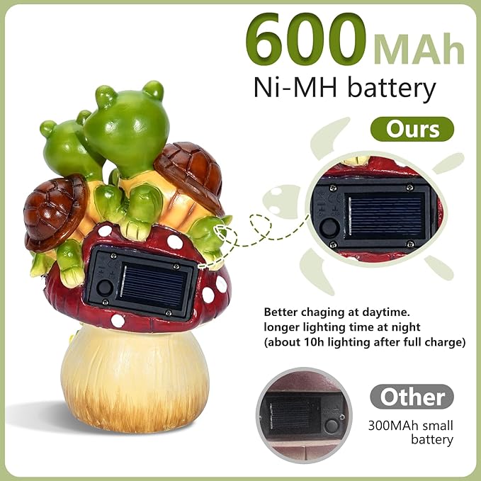 Solar Light Turtle Garden Statue, Turtle on Mushroom Figurine, Lovely Tortoise Garden Statue with 5 LED Lights for Patio, Balcony, Yard, Housewarming, Outdoor Lawn Decorations