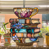 Floral Books and Tea Acrylic Suncatcher Stained Glass Effect Window Car Hanging Christmas Ornament Indoor Outdoor Decor Garden Sun Catcher Panel for Book Lover for Women Mom Grandma
