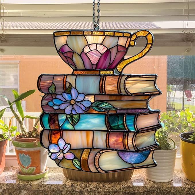 Floral Books and Tea Acrylic Suncatcher Stained Glass Effect Window Car Hanging Christmas Ornament Indoor Outdoor Decor Garden Sun Catcher Panel for Book Lover for Women Mom Grandma