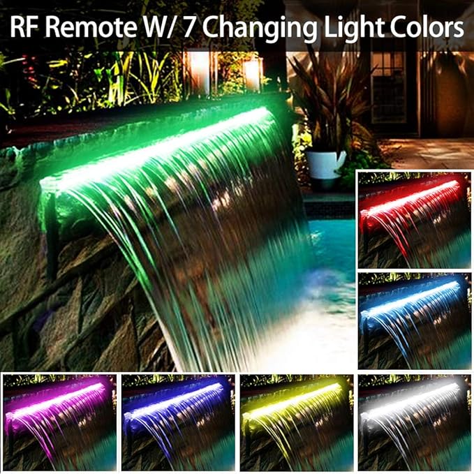 YUDA Lighted Waterfall Pool Fountain 24" with LED 7 Color Changing and Remote, Acrylic Waterfall Spillway for Sheer Descent Garden Outdoor
