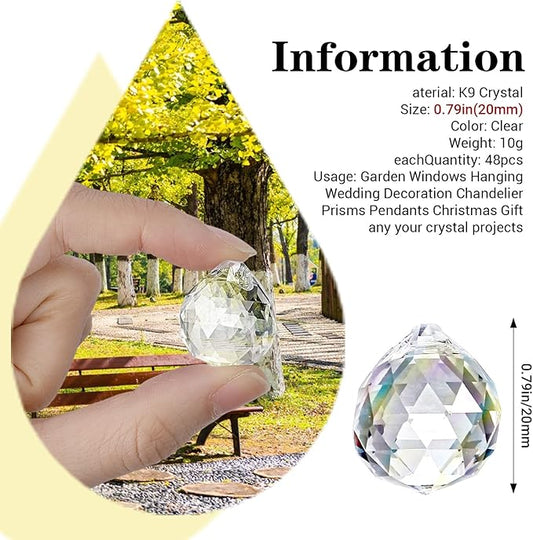 48 Pcs Clear Crystal Ball Prism 20mm Chandeliers Prism Sun Shine Catcher Christmas Crystal Ornaments Rainbow Pendants Maker, Crystals Ball for Window Hanging, Garden Decor, and Gift Making