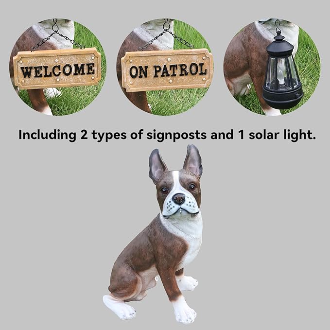 Outdoor French Bulldog Dog Statue with Interchangeable Welcome Sign and Detachable Solar Lantern –LED Light Garden Dog Sculpture Décor, Cute Puppy Design for Yard, Porch, Gift