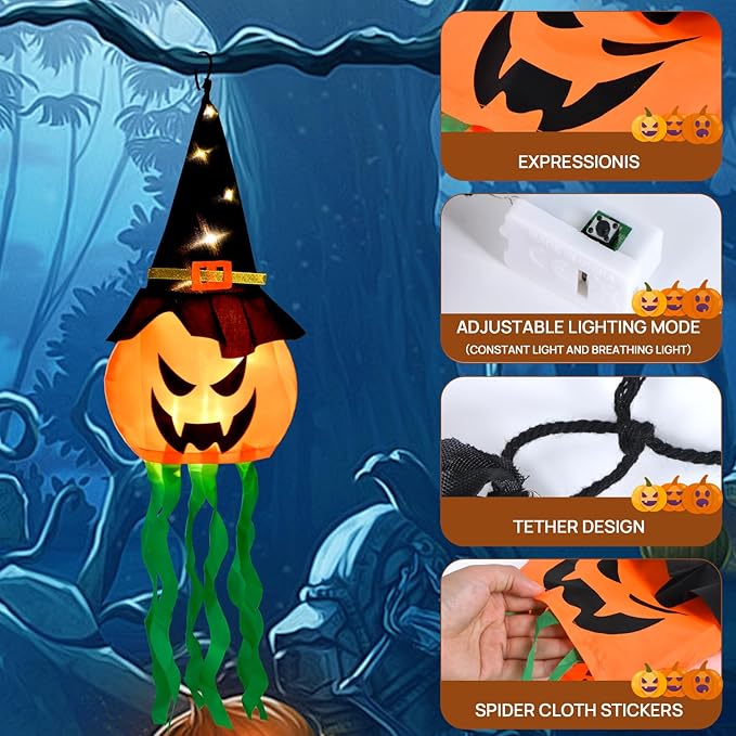 Halloween Decorations Outdoor, 4 PCS Hanging Lighted Glowing Pumpkin Witch Hat with 3 Modes Lighted Up Scary Orange Halloween Decorations for Indoor Outside Party Yard Tree Garden, 24Inch