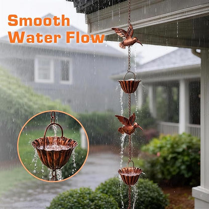 7.9FT Rain Chain for Gutters, Rain Chains with 7 Cups & 8 Decorative Bird Accent, Adjustable Rain Catcher Chain for Eaves Drainage, Functional & Decorative Replacement for Gutter Downspout