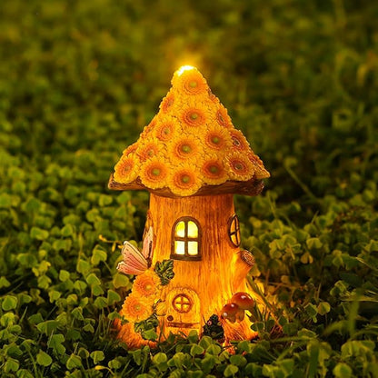 Fairy Garden Statues,Fairy Garden House with Solar Powerd Night Light,Yard Decorations Outdoor Fairy Garden Accessories Decor for Outside (Flower-Mushroom)