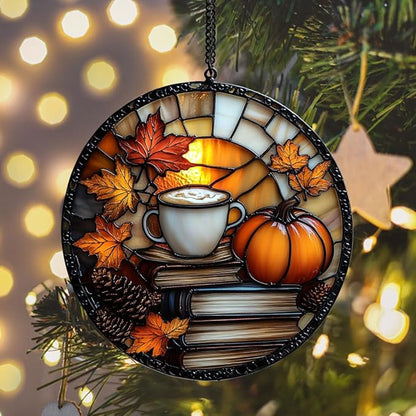 Pumpkin Spices Books Acrylic Suncatcher Stained Glass Effect Window Car Hanging Christmas Ornament Indoor Outdoor Decor Garden Sun Catcher Panel for Book Lover for Women Mom Grandma