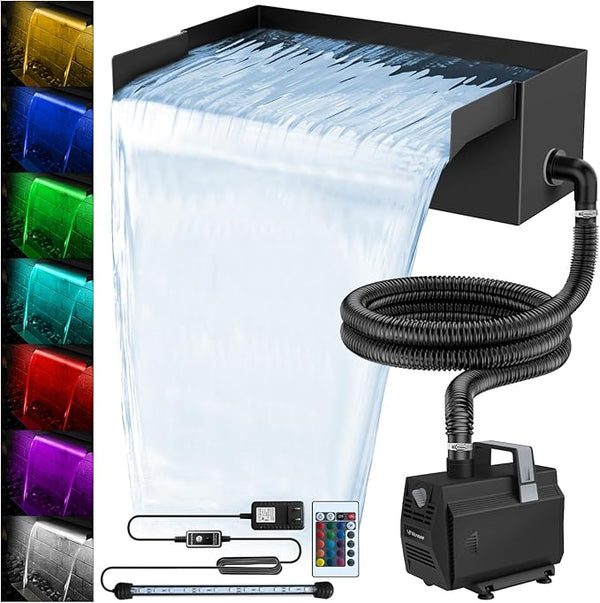 All-in-1 Pond Waterfall Kit with LED Lights, 8 inch Stainless Steel Spillway with 600GPH Water Pump, Outdoor Waterfall Fountain for Water Feature, Garden, Backyard, Pool