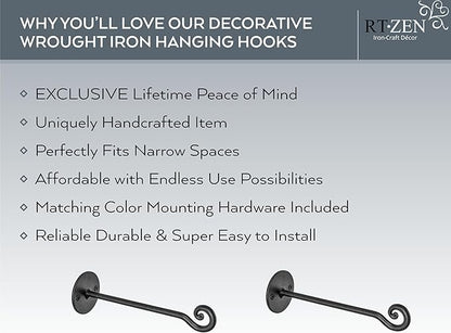 RTZEN Plant Hangers Outdoor or Indoor - Wrought Iron Metal Hanger Indoor Hook - Heavy Duty Wall Bracket Hooks for Hanging Plants Baskets Lanterns Wind Chimes - 2 Pack (Black Swirl Hooks)