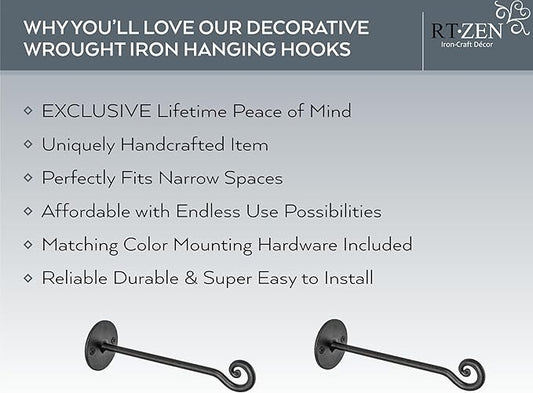 RTZEN Plant Hangers Outdoor or Indoor - Wrought Iron Metal Hanger Indoor Hook - Heavy Duty Wall Bracket Hooks for Hanging Plants Baskets Lanterns Wind Chimes - 2 Pack (Black Swirl Hooks)