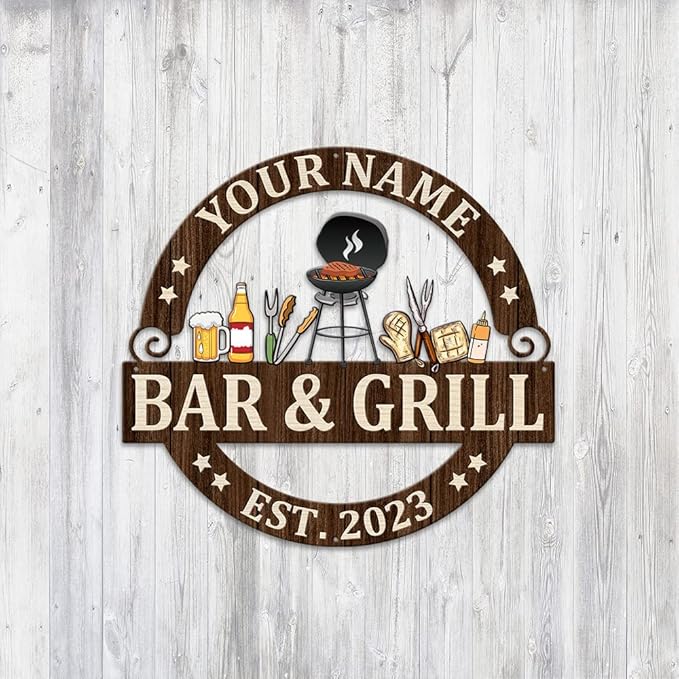 MeMate Bar & Grill Sign - Personalized Outdoor Decor for Backyard, Patio, Pool, Porch, Deck, BBQ - Large Metal Sign for Outside - Housewarming Gifts