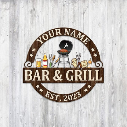 MeMate Bar & Grill Sign - Personalized Outdoor Decor for Backyard, Patio, Pool, Porch, Deck, BBQ - Large Metal Sign for Outside - Housewarming Gifts