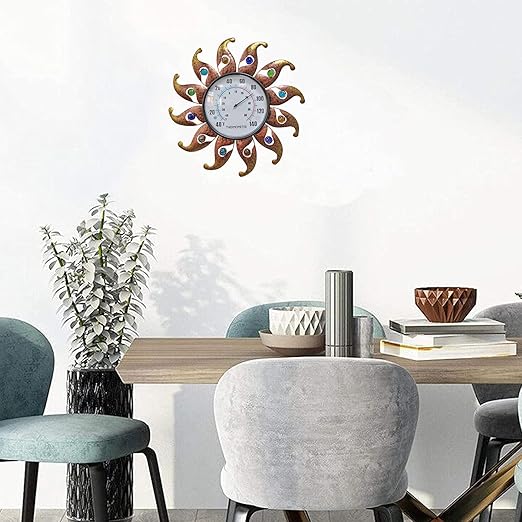 Metal Sun Thermometer Indoor Outdoor Wall Art Decor, Sun with Glass Ball Plaque Sculpture Hanging Mounted for Living Room Bedroom Kitchen Workroom Patio Garden, No Battery Required