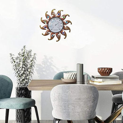 Metal Sun Thermometer Indoor Outdoor Wall Art Decor, Sun with Glass Ball Plaque Sculpture Hanging Mounted for Living Room Bedroom Kitchen Workroom Patio Garden, No Battery Required