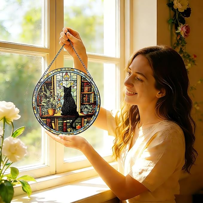 Stained Glass Window Hanging, 8 Inch Black Cat Suncatcher, Sun Catchers Indoor Window, Book Suncatchers for Windows Hanging, Spring Home Garden Librarian Decor Panel, Book Lover Gifts for Women Men