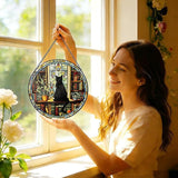 Stained Glass Window Hanging, 8 Inch Black Cat Suncatcher, Sun Catchers Indoor Window, Book Suncatchers for Windows Hanging, Spring Home Garden Librarian Decor Panel, Book Lover Gifts for Women Men