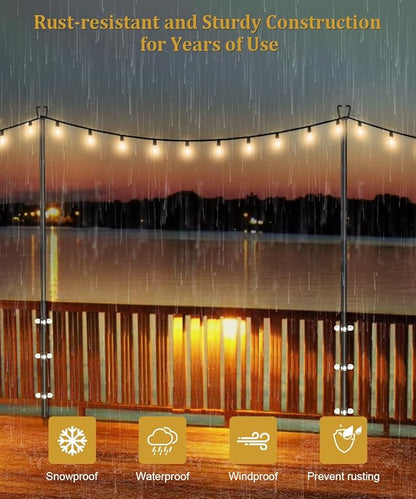 10FT String Light Poles for Outdoor Decor, Sturdy Light Pole with Fence Brackets, Adjustable Metal Posts for Outside Patio, Backyard, Deck, Garden, Party, Wedding