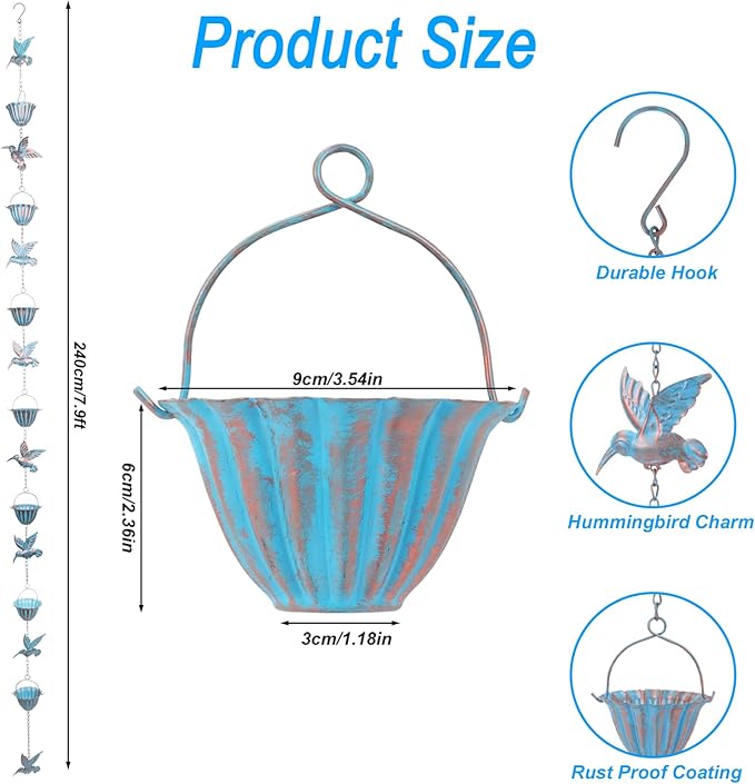 7.9ft Rain Chains for Gutters Outside, Rain Catcher Chain with 7 Metal Cups & Hummingbird Decor, Adjustable Rain Catcher Chain Replacement Downspout for Gutters, Garden Drainage & Eaves