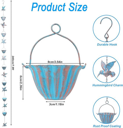 7.9ft Rain Chains for Gutters Outside, Rain Catcher Chain with 7 Metal Cups & Hummingbird Decor, Adjustable Rain Catcher Chain Replacement Downspout for Gutters, Garden Drainage & Eaves